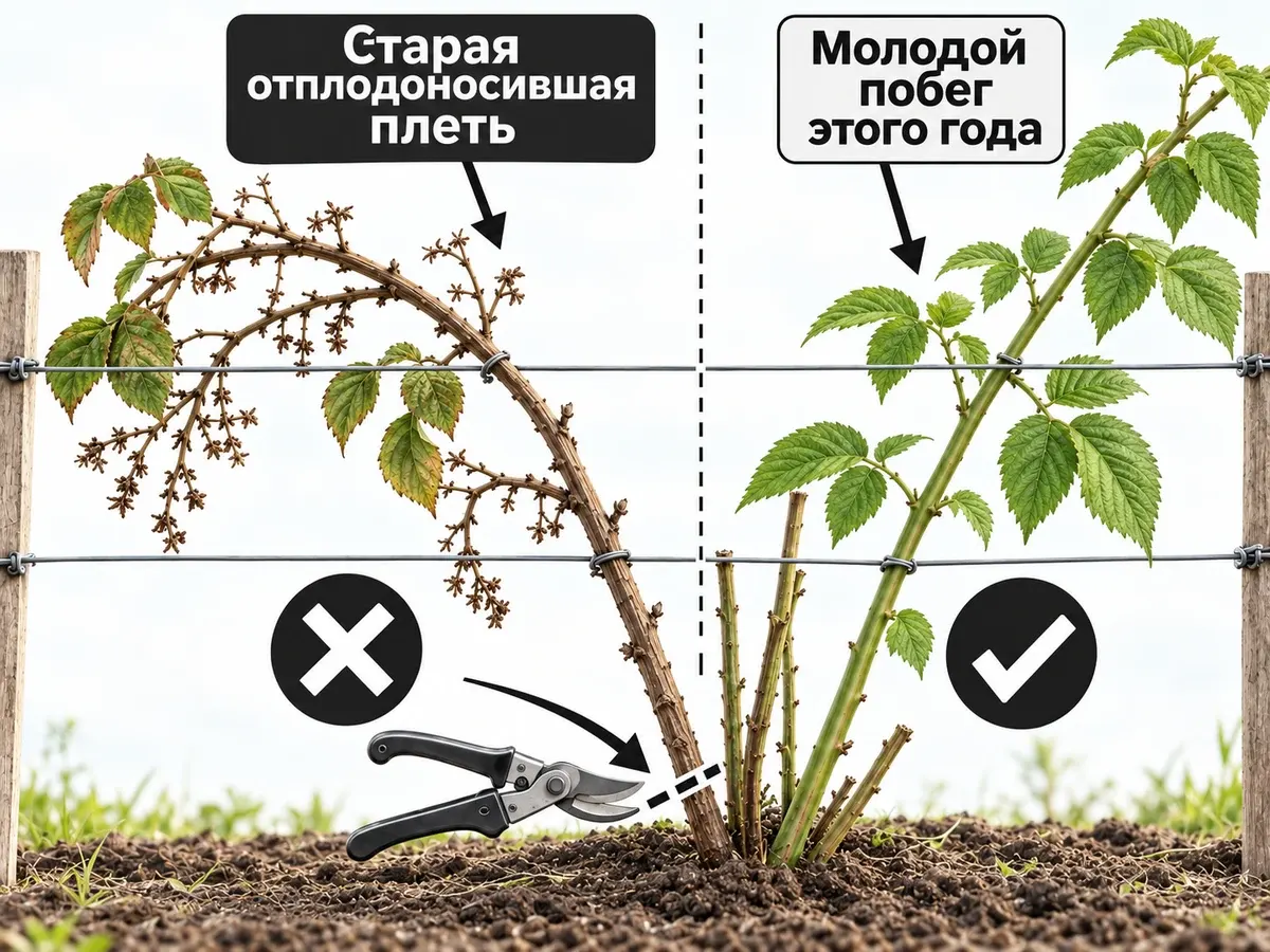 Обрезка ежевики: старая отплодоносившая плеть и молодой побег этого года