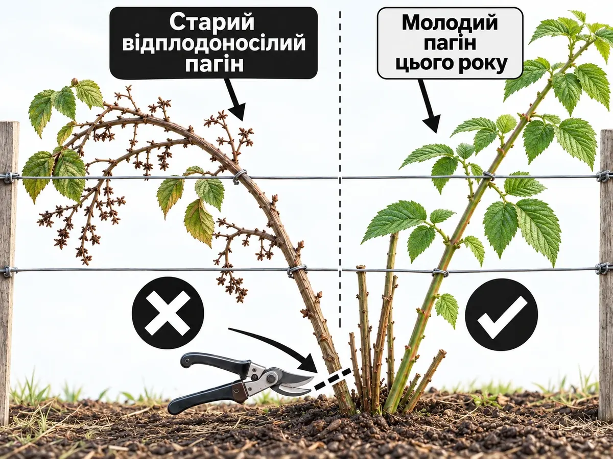 Обрізування ожини: старий відплодоносілий батіг і молодий пагін цього року