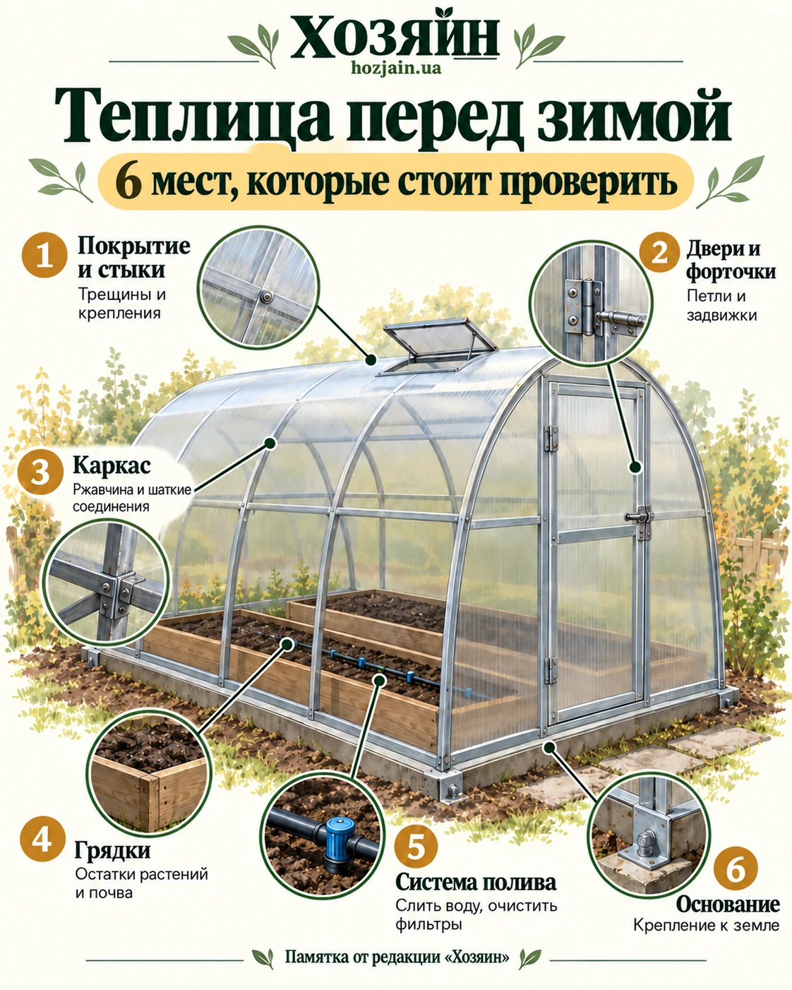 Схема осмотра теплицы перед зимой: покрытие, двери, каркас, грядки, полив и основание